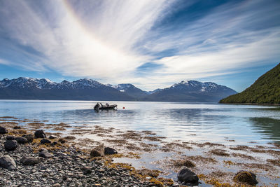 Boat in lake against sky