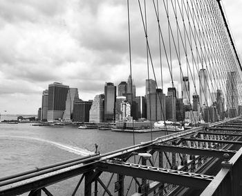 View of suspension bridge and buildings against sky