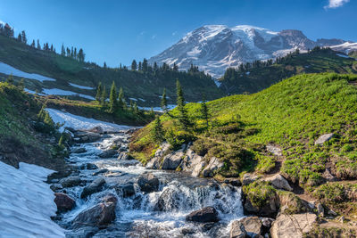 Scenic view of stream amidst trees and mountains against sky