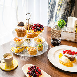 High angle view of breakfast served on table