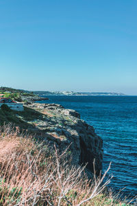 Scenic view of sea against clear blue sky