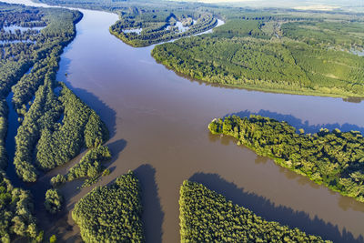 Aerial view of the danube river and its floodplain in serbia and croatia