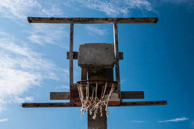 Low angle view of old basketball hoop against sky