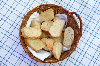 High angle view of bread in basket on table