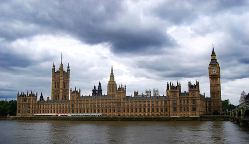 View of buildings by river against cloudy sky