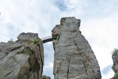 Low angle view of cliff against cloudy sky