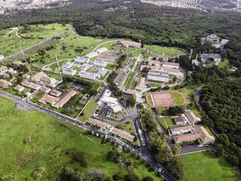 High angle view of buildings in city