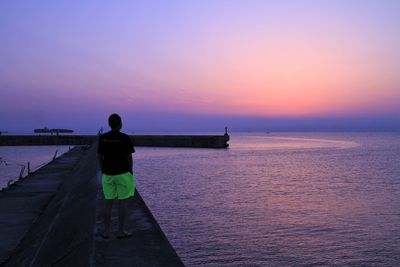 Rear view of silhouette man standing by sea against sunset sky