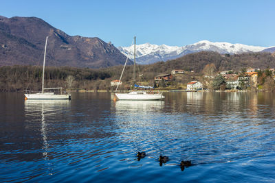 Scenic view of lake by mountain against sky