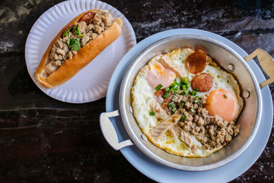 High angle view of food in plate on table