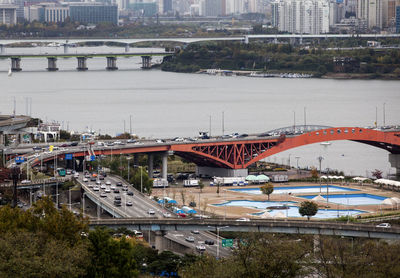 High angle view of bridge over han river in city