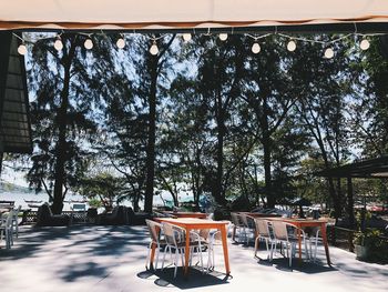 Empty chairs and table in restaurant