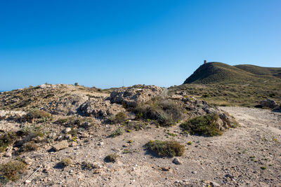 Scenic view of land against clear blue sky