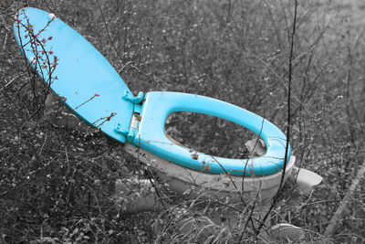 Close-up high angle view of blue container