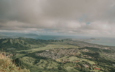 High angle view of land against sky