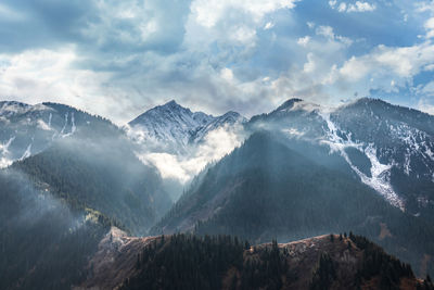 Panoramic view of snowcapped mountains against sky