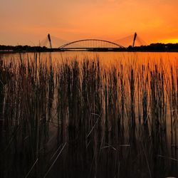 Scenic view of lake against orange sky