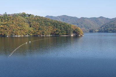 Scenic view of lake and mountains against sky