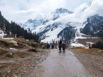 Rear view of friends with horse walking against snowcapped mountains