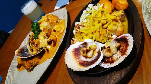 High angle view of food in plate on table