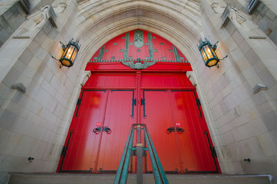 Low angle view of closed door of building