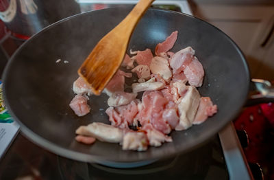 High angle view of meat in cooking pan