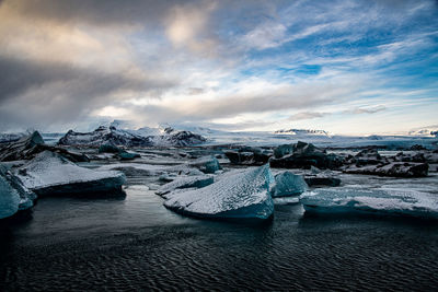 Scenic view of frozen lake against sky during winter