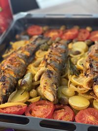 Close-up of seafood on barbecue grill