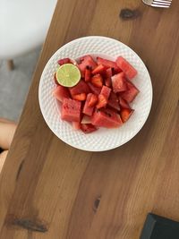 High angle view of dessert in plate on table