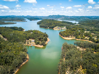 High angle view of bay against sky