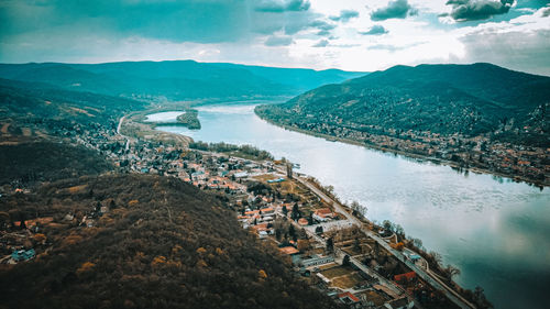 High angle view of townscape by sea