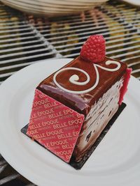 High angle view of chocolate cake on table