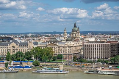 View of the danube river and the embankment of budapest, hungary, on a sunny summer morning