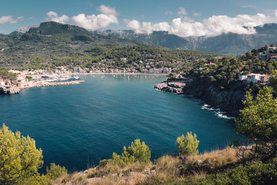 Scenic view of lake against cloudy sky