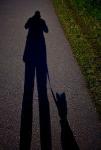 Shadow of man standing on cobblestone street