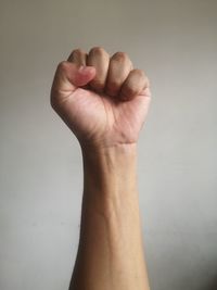 Close-up of person hand against white background