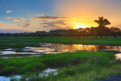 Scenic view of lake against sky during sunset