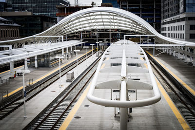 Train at railroad station in city