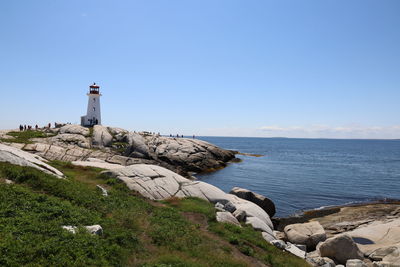 Lighthouse on rock by sea against sky