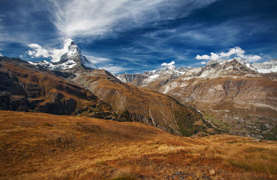 Scenic view of snowcapped mountains against sky