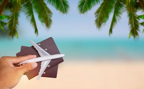 Cropped hand holding passports and toy airplane at beach