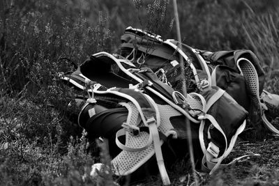 High angle view of motorcycle on field