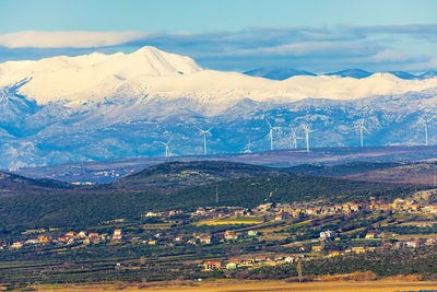 View on the velebit mountain from vransko jezero, vrana lake