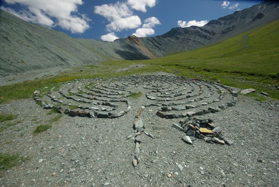 High angle view of land and mountains against sky