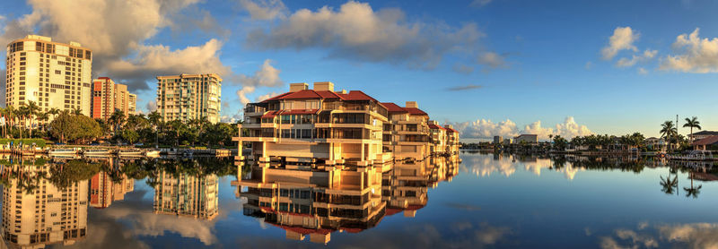 Panoramic view of lake and buildings against sky