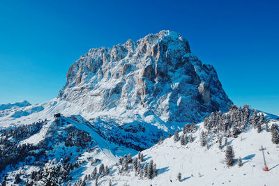 Scenic view of snowcapped mountains against clear blue sky