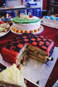 Close-up of checkered cake on table