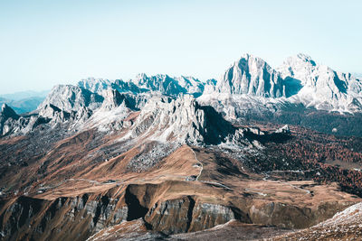 Scenic view of snowcapped mountains against clear sky