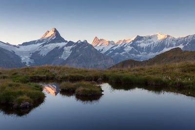 Scenic view of lake and mountains against sky