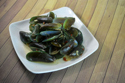 High angle view of food in plate on table